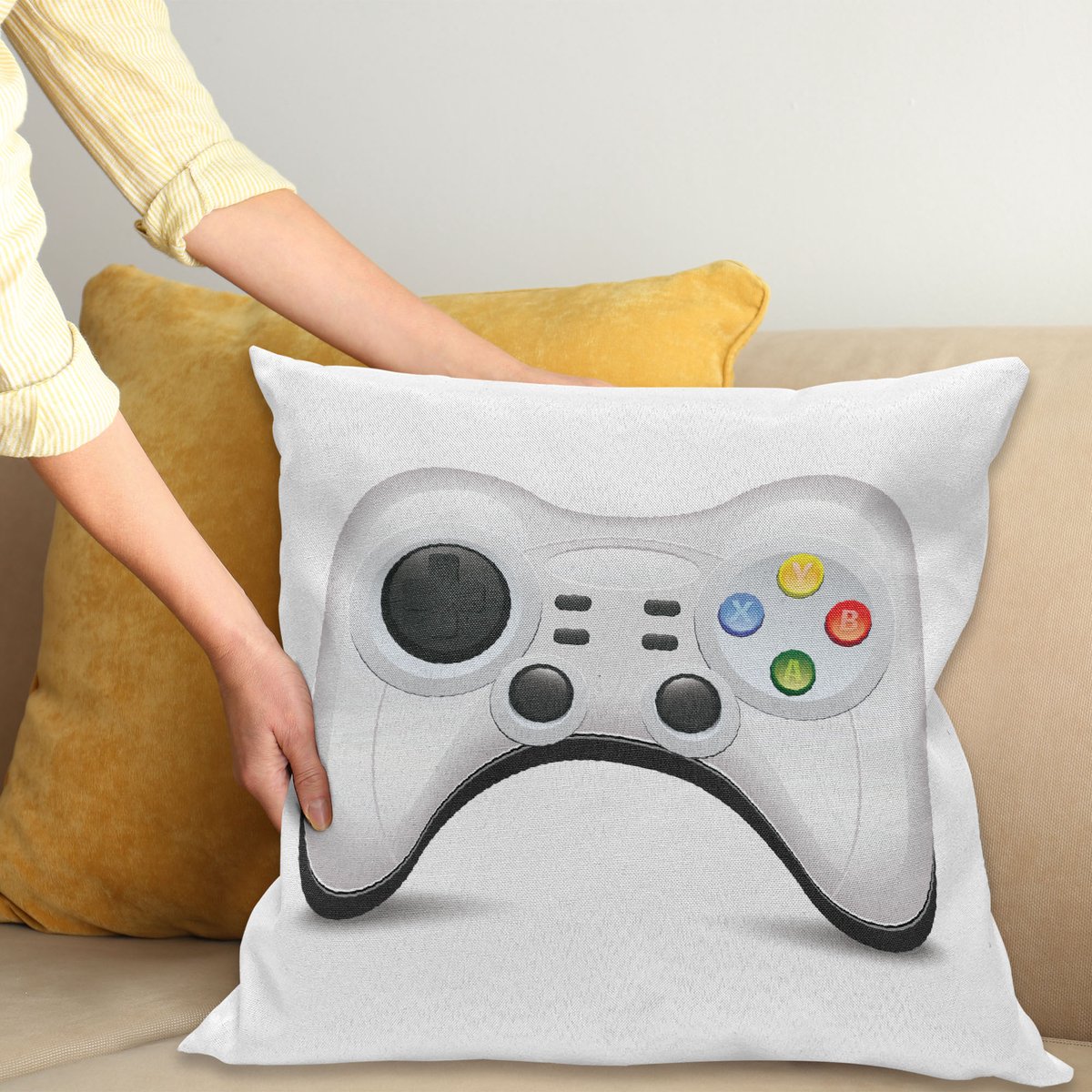 ABAKUHAUS Gamer Sierkussenhoes, Modern Gamepad met Kleurrijk Action Buttons met Joysticks en D-Pad, Decoratieve Vierkante Sierkussenhoes, 45 x 45 cm, Licht Grijs