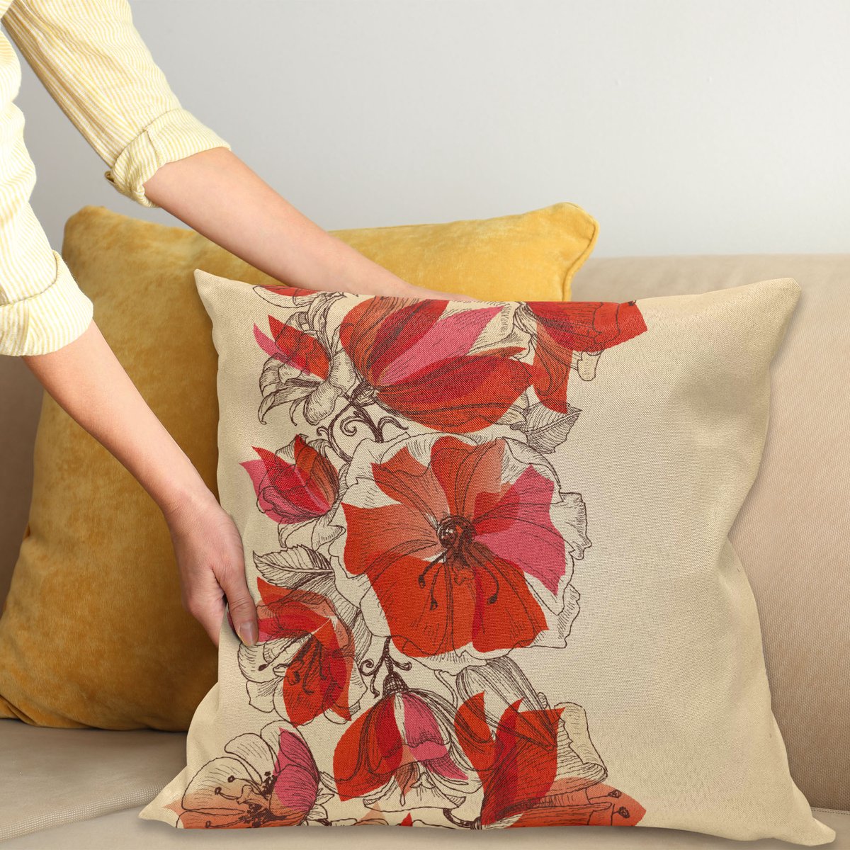 ABAKUHAUS Bloemen Sierkussenhoes, Bloemen Thema Bloemen in Retro Stijl Patroon Romantisch Ontwerp Traditioneel Print, Decoratieve Vierkante Sierkussenhoes, 60 x 60 cm, Bruin Rood