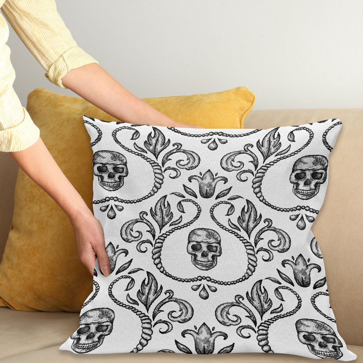 ABAKUHAUS Gothic Sierkussenhoes, Ornament met Schedel Goth Skeleton Bloemen Ontwerp in Baroque Stijl Illustratie, Decoratieve Vierkante Sierkussenhoes, 50 x 50 cm, Zwart Wit
