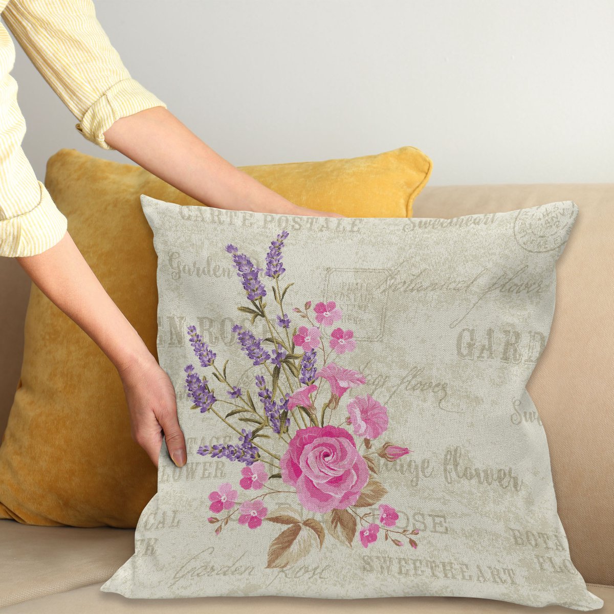 ABAKUHAUS Lavendel Sierkussenhoes, Postal Stamps en Postmarks Grungy Achtergrond Romantisch Bridal Corsage, Decoratieve Vierkante Sierkussenhoes, 60 x 60 cm, Roze