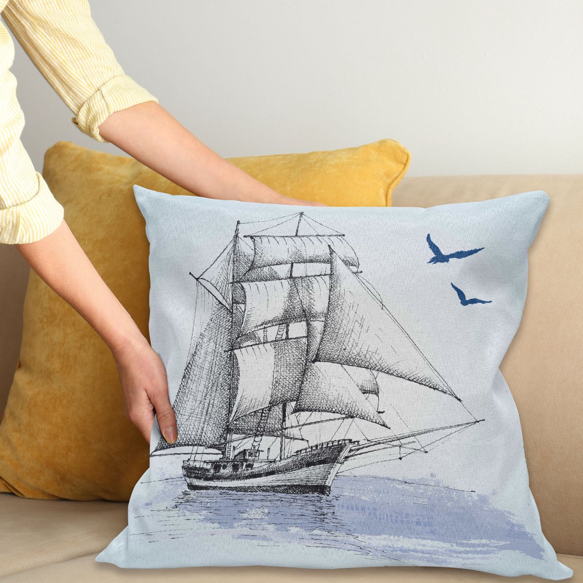ABAKUHAUS Nautisch Sierkussenhoes, Vector Schets Sailboat op Zee met Vogel Retro Drawing Maritiem Thema Print, Decoratieve Vierkante Sierkussenhoes, 45 x 45 cm, Blauw Zwart