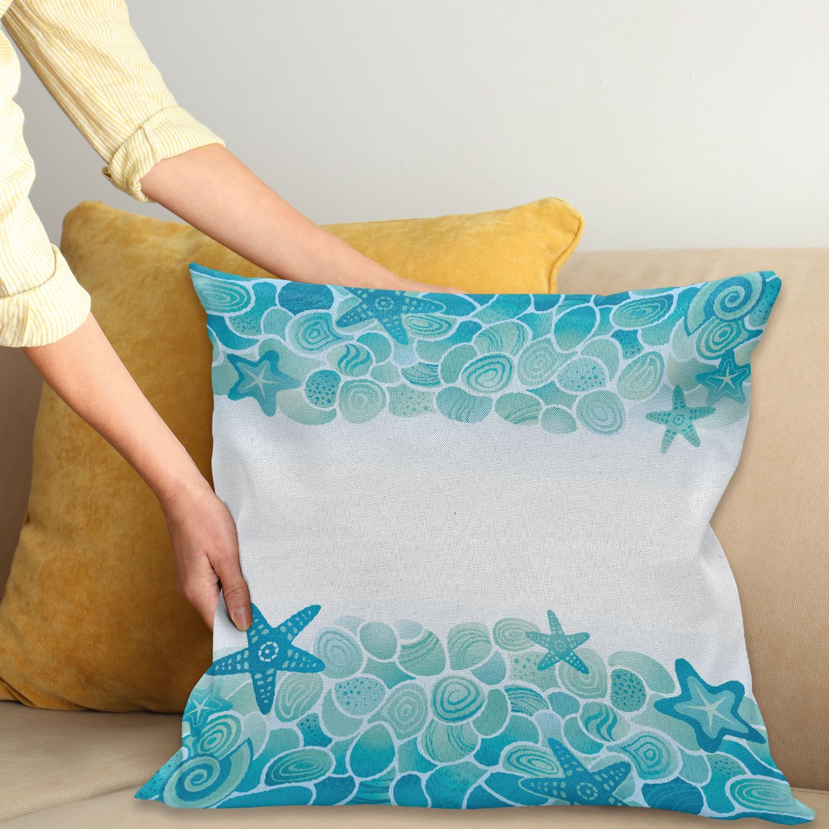 ABAKUHAUS Oceaan Sierkussenhoes, Aquatic Look Modern Sealife Maritiem Shells Sterren AMD Vis Under de Oceaan Modern Afbeelding, Decoratieve Vierkante Sierkussenhoes, 45 x 45 cm, Turquoise Zeegroen