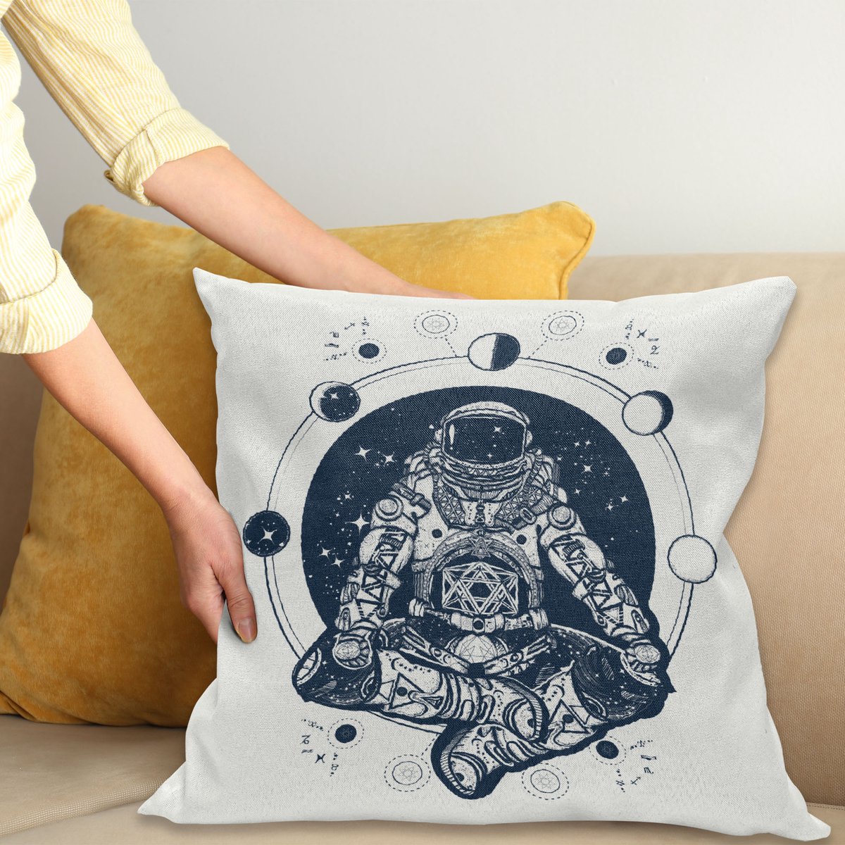ABAKUHAUS Maan Phases Sierkussenhoes, Spaceman Silhouet Sitting in Lotus Pose Yoga Chakra Zodiac Harmony, Decoratieve Vierkante Sierkussenhoes, 40 x 40 cm, Blauw Wit