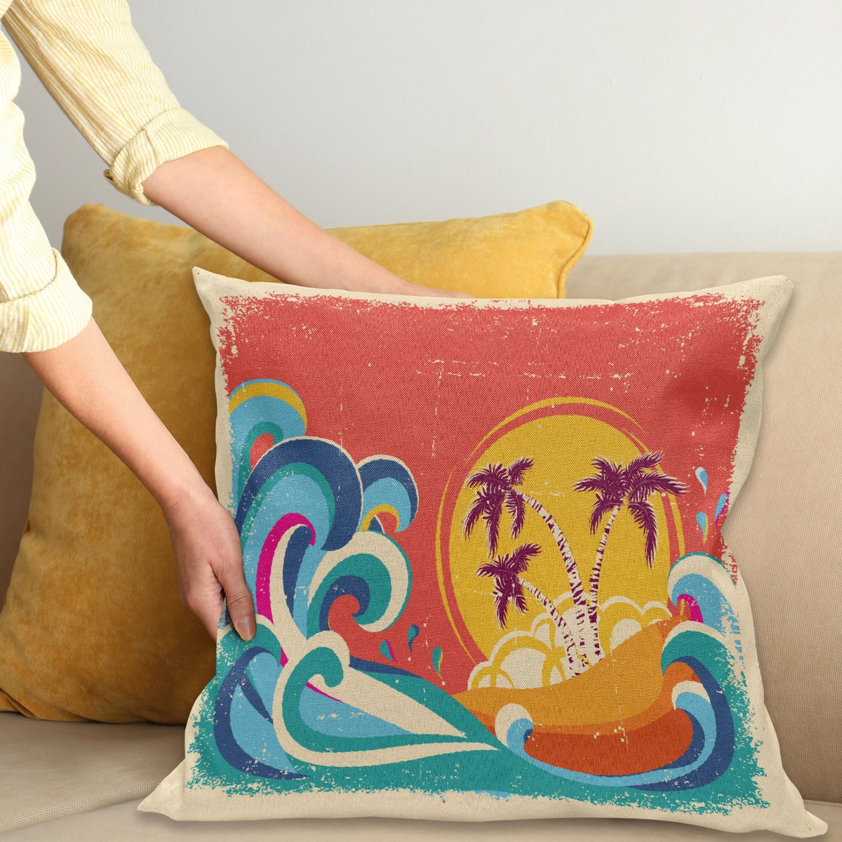 ABAKUHAUS Vintage Hawaii Sierkussenhoes, Vintage Oud Paper Stijl Tropisch Eiland met Giant Golven Retro Achtergrond, Decoratieve Vierkante Sierkussenhoes, 40 x 40 cm, Donker Koraal