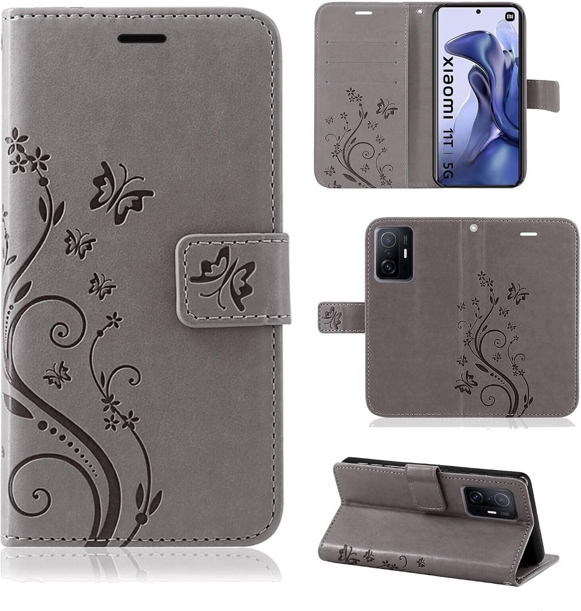 Betterfon Hoes voor mobiele telefoon voor Xiaomi 11T / 11T Pro, Xiaomi 11T Pro / 11T, klaphoes, beschermhoes, telefoonhoes, etui met [kaartenvakken, kwaliteit TPU] voor Xiaomi 11T / 11T Pro grijs