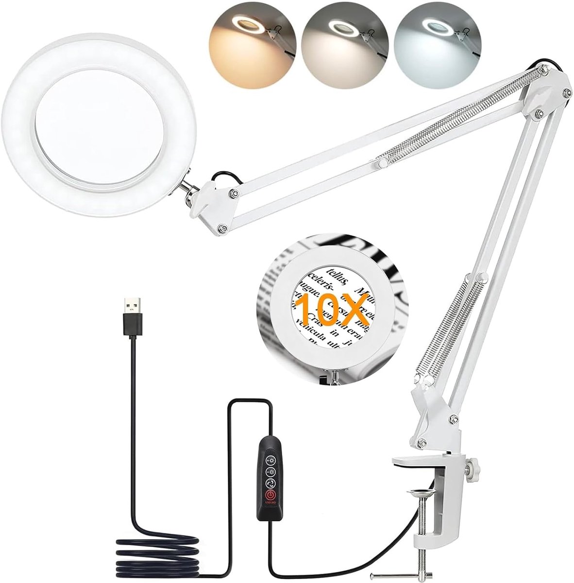 10 x led-loeplamp met klem, vergrootlamp met 72 leds, 3 kleurmodi, 10 helderheidsniveaus, dimbaar, flexibele zwenkarm voor lezen, naaien, sieraden, reparatie, wit