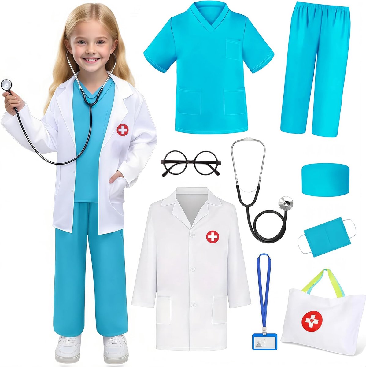 Dokterskostuum voor kinderen, 9 stuks, voor jongens en meisjes, dokterskostuum, outfit met tas, voor Halloween