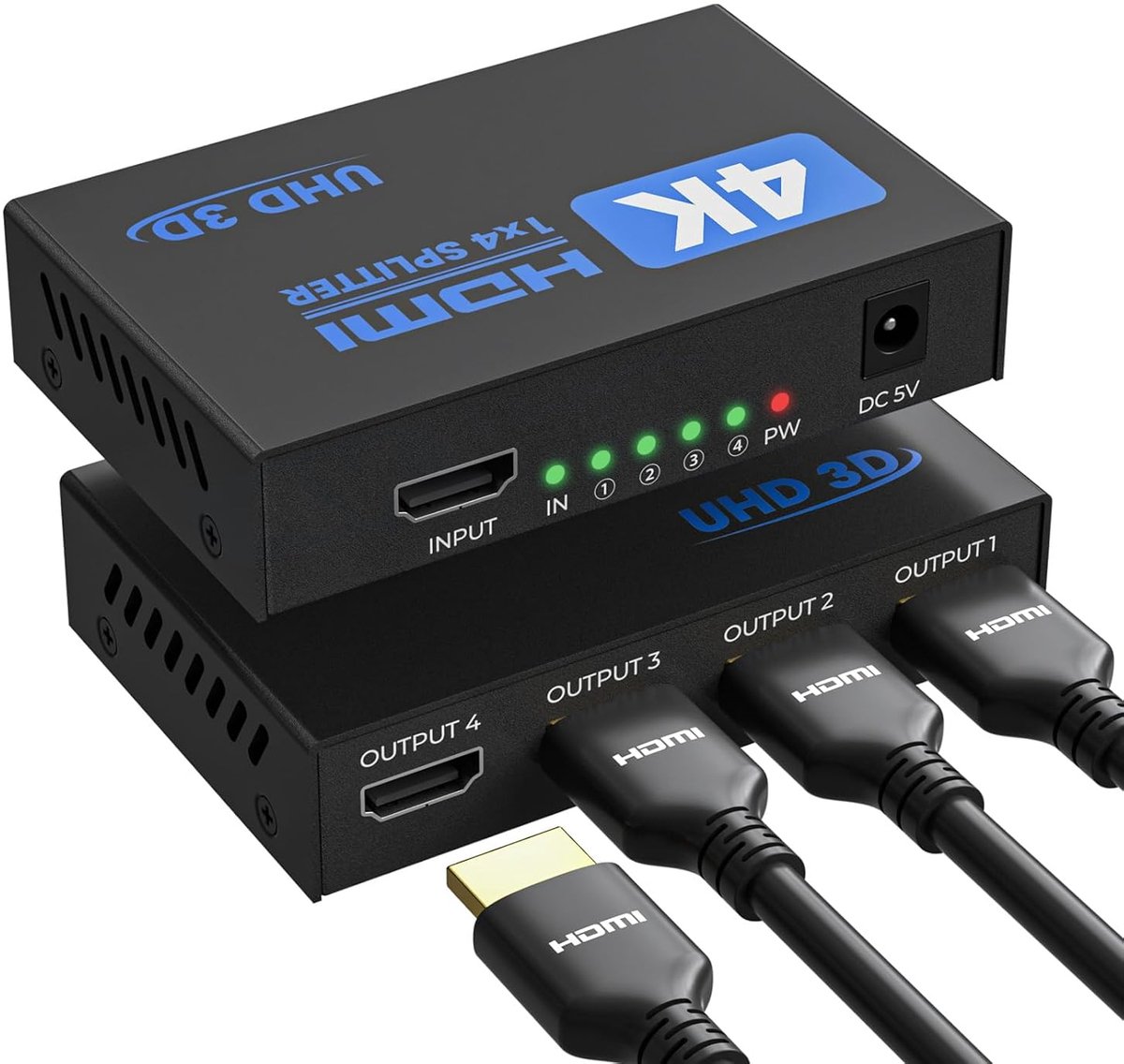 4K HDMI Splitter 1 In 4 Out met EDID HDCP HDR 3D, Verdeler voor PC, Laptop, HDTV, Projector - 1 Bron naar 4 Schermen Tegelijkertijd