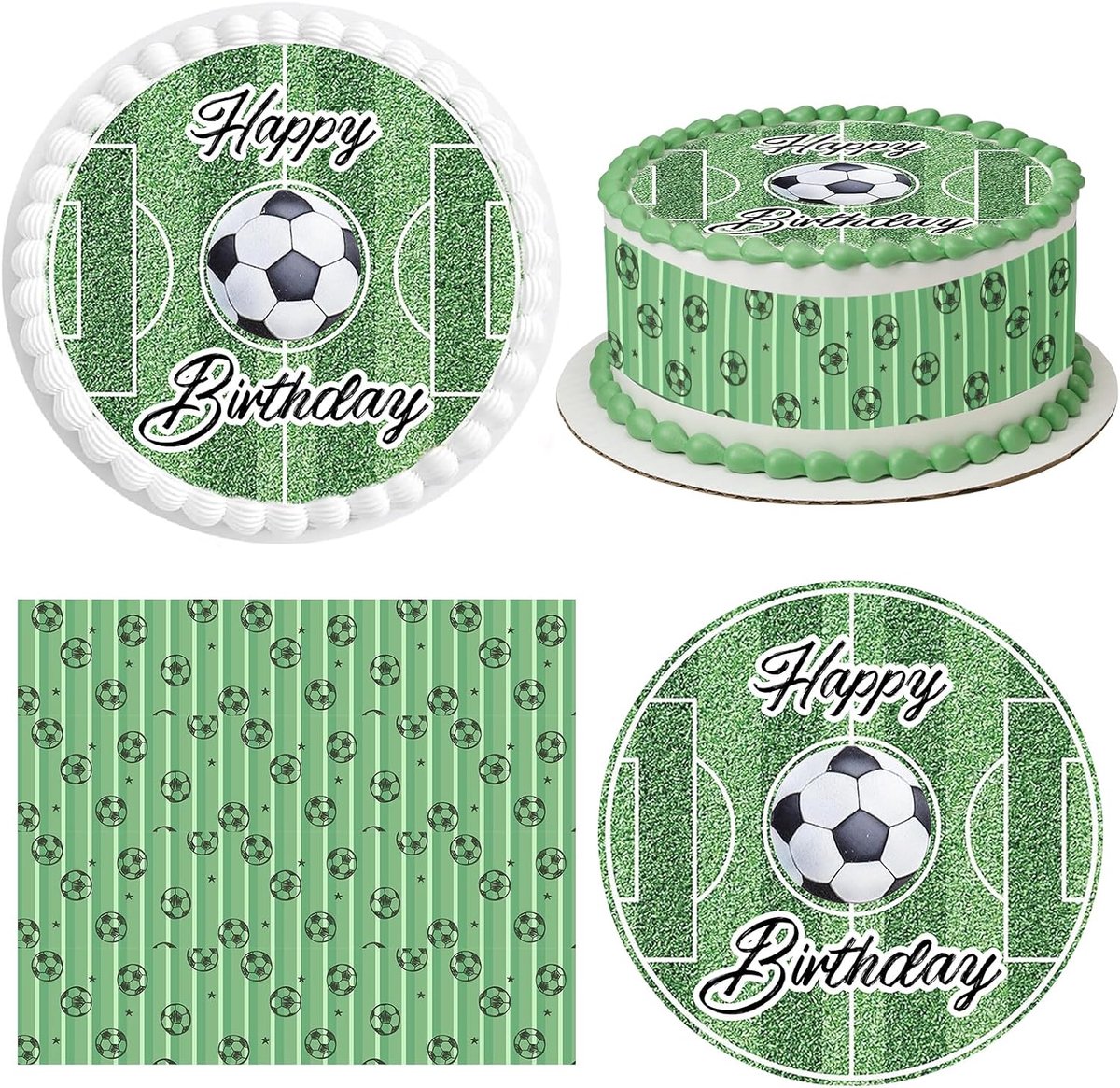 Eetbare taartdecoratie Ø 20cm + 4 stuks eetbaar taartlint 24cm x 5cm,voetbal taartdecoratie, voetbalveld taarttopper