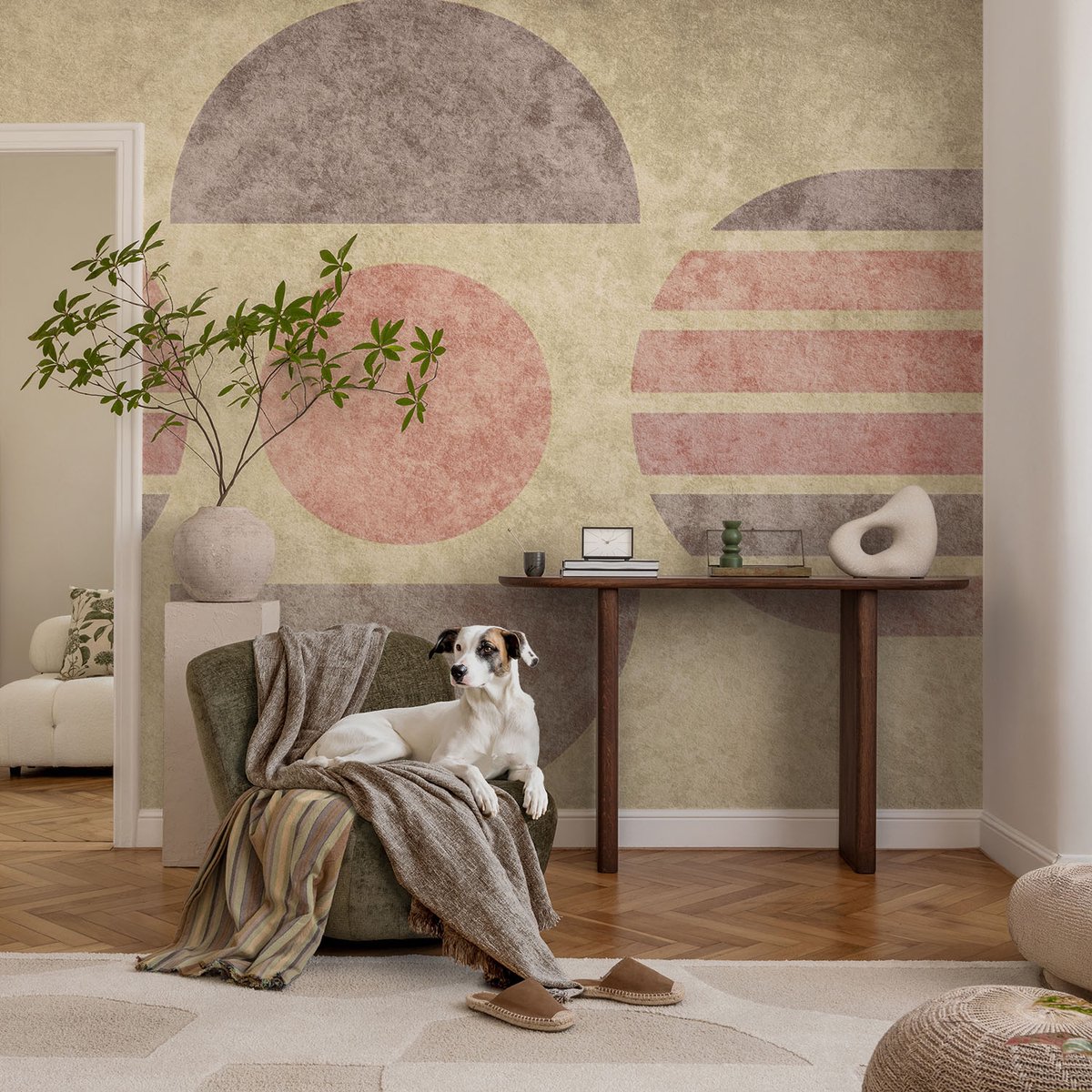 Coloray Vliesbehang - Beige Snellijm Behang - 104x70 cm - Geometrische Vormen Muurschildering - Slaapkamer behang Abstractie - Fotobehang Vlies - Gang behang