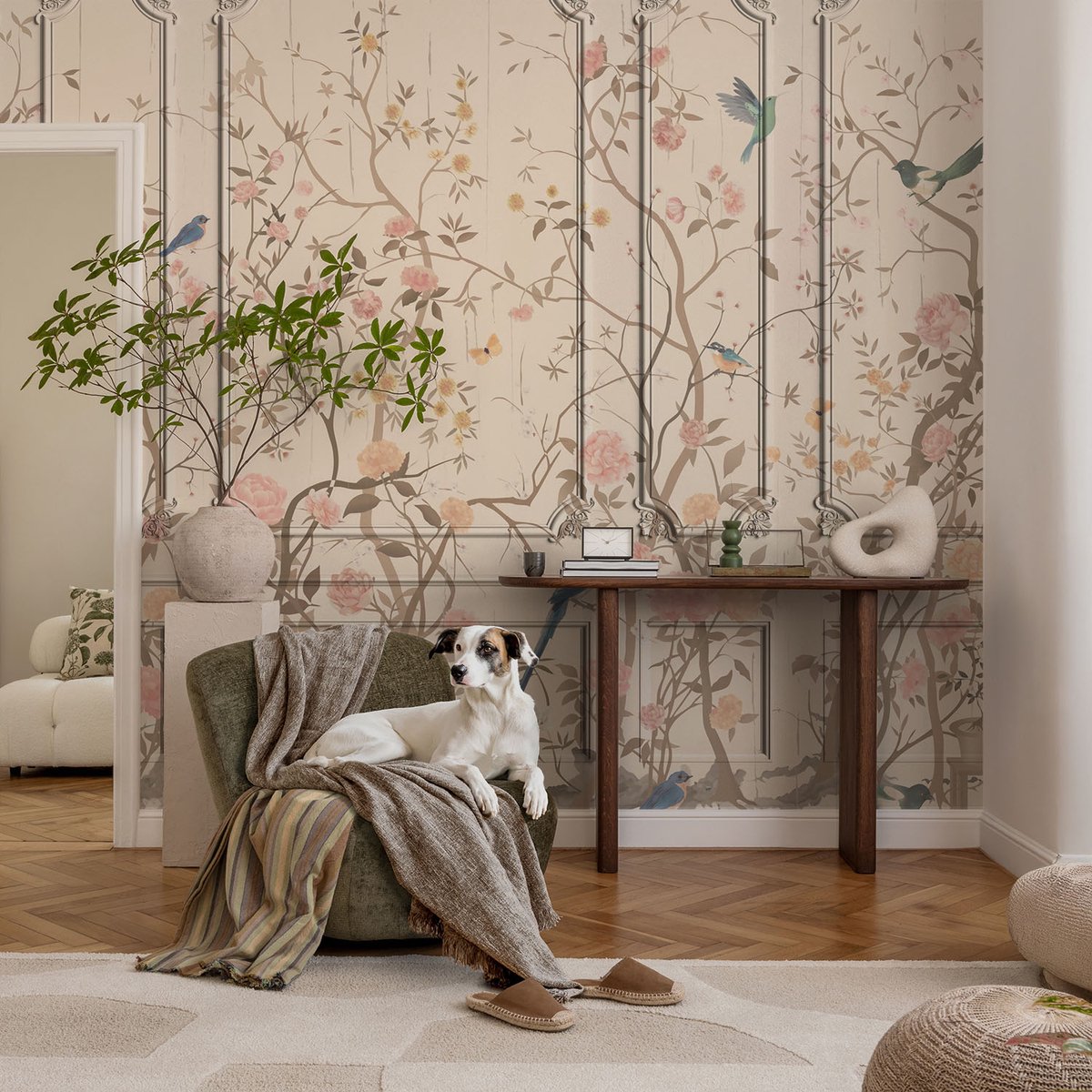 Coloray Vliesbehang - Wit Snellijm Behang - 104x70 cm - Vogels En Bloemen Fotobehang Vlies - Woonkamer behang Bloemen En Planten - Muurschildering - Woonkamer behang