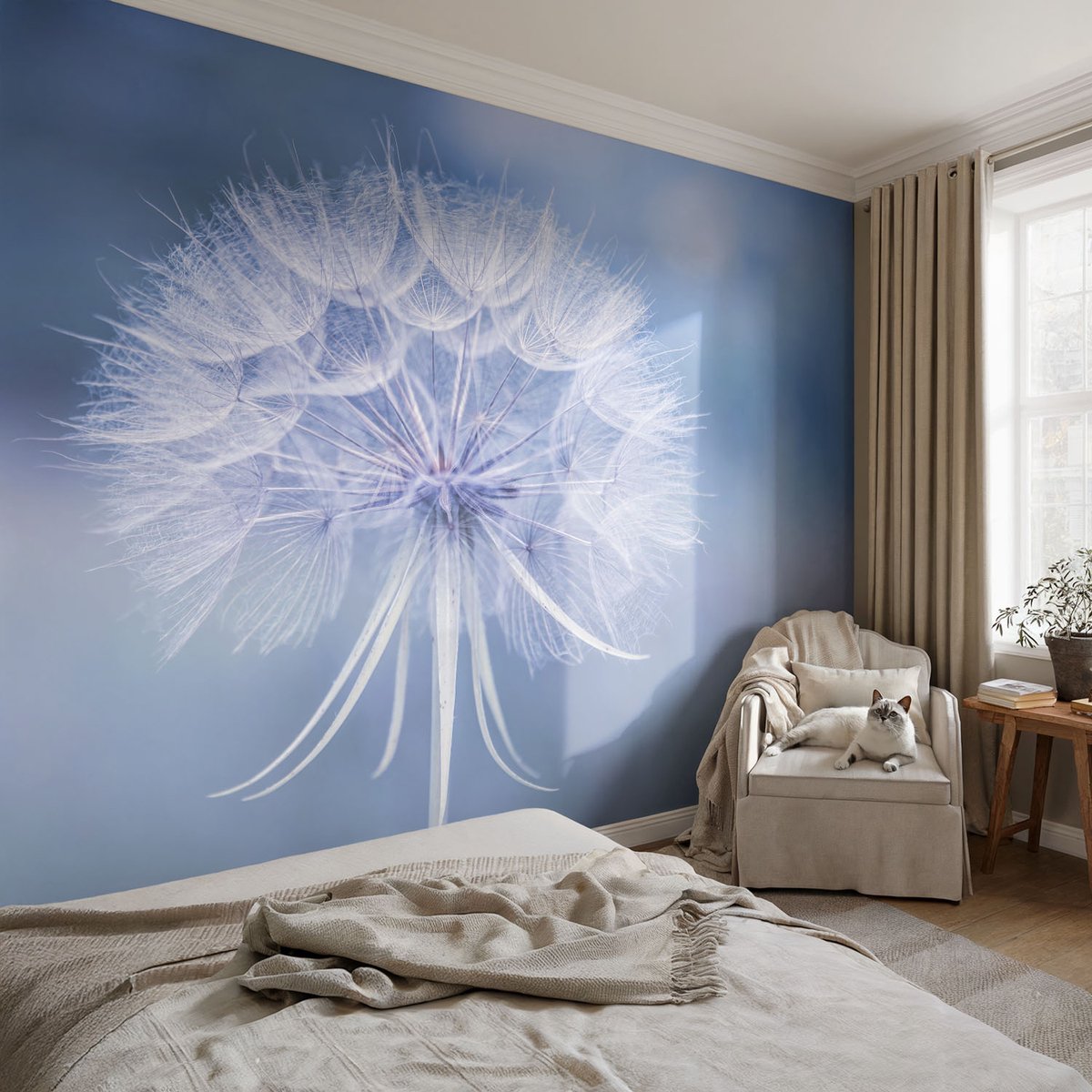 Coloray Vliesbehang - Blauw Snellijm Behang - 104x70 cm - Blauwe Delicatesse Muurschildering - Gang behang Bloemen En Planten - Fotobehang Vlies - Slaapkamer behang