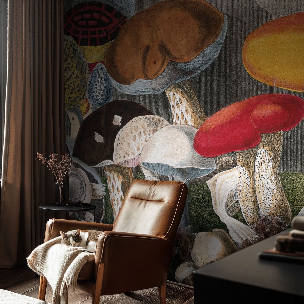 Coloray Vliesbehang - Bruin Snellijm Behang - 104x70 cm - Botanische Paddenstoelen Muurschildering - Gang behang Deel - Fotobehang Vlies - Gang behang