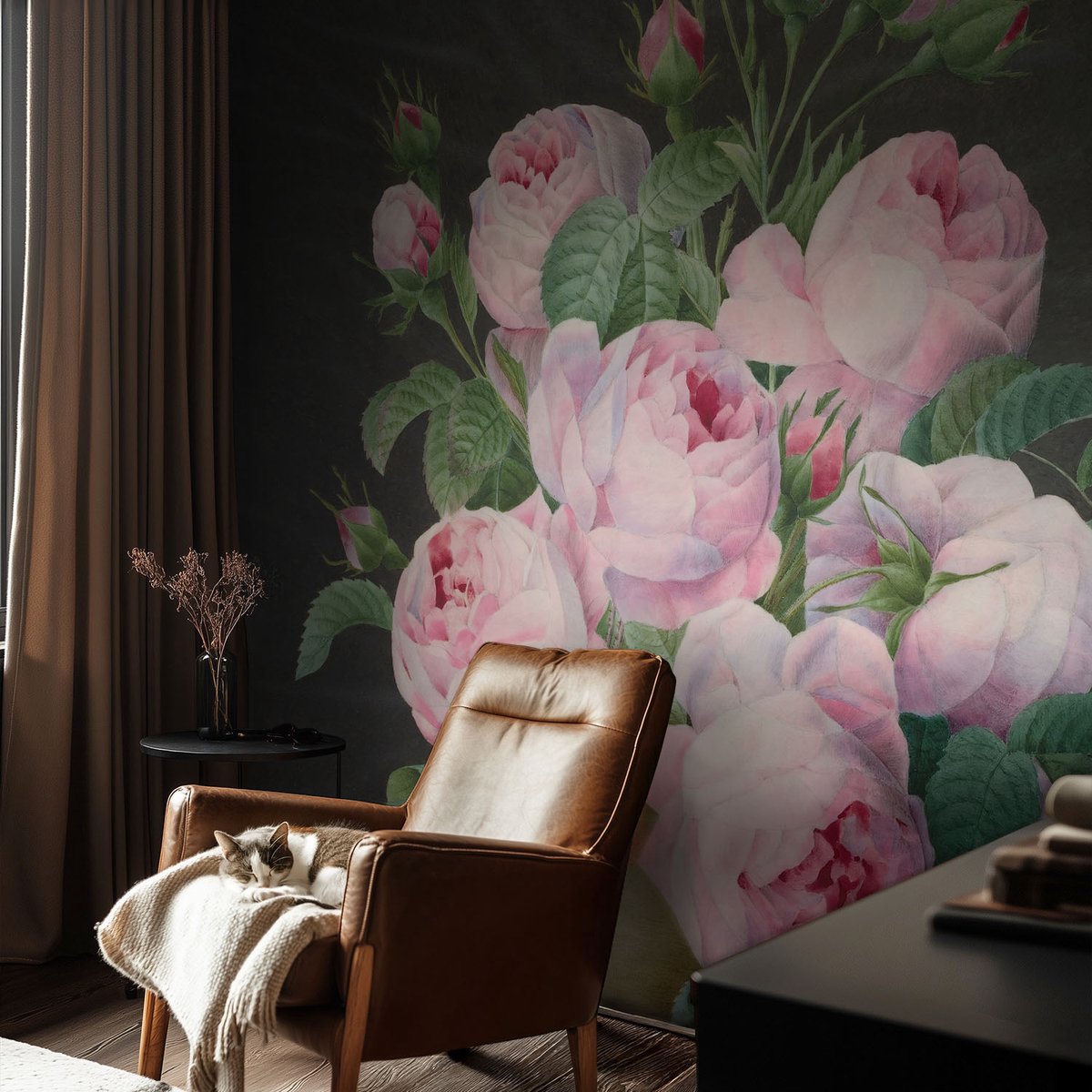 Coloray Vliesbehang - Zwart-Wit Snellijm Behang - 104x70 cm - Bloemige Elegantie Fotobehang Vlies - Woonkamer behang Bloemen En Planten - Muurschildering - Woonkamer behang