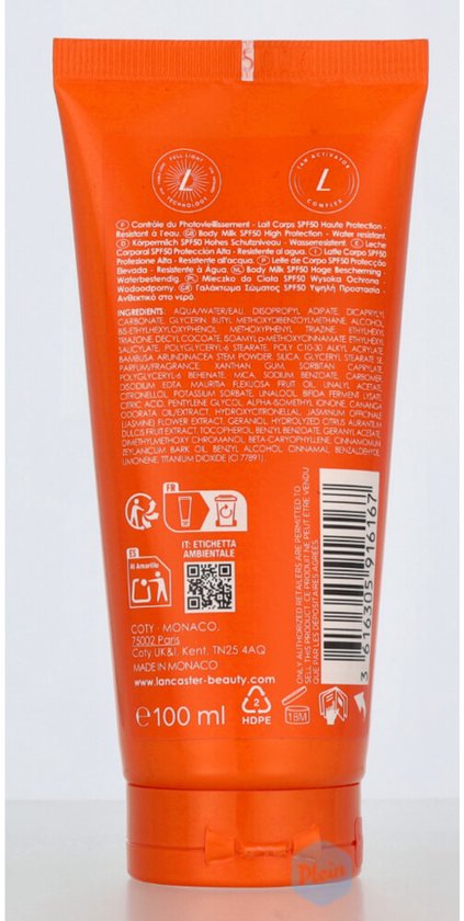 Lancaster Sun Beauty Body Milk SPF50, 100 ml. Ingrediëntenlijst en instructies.