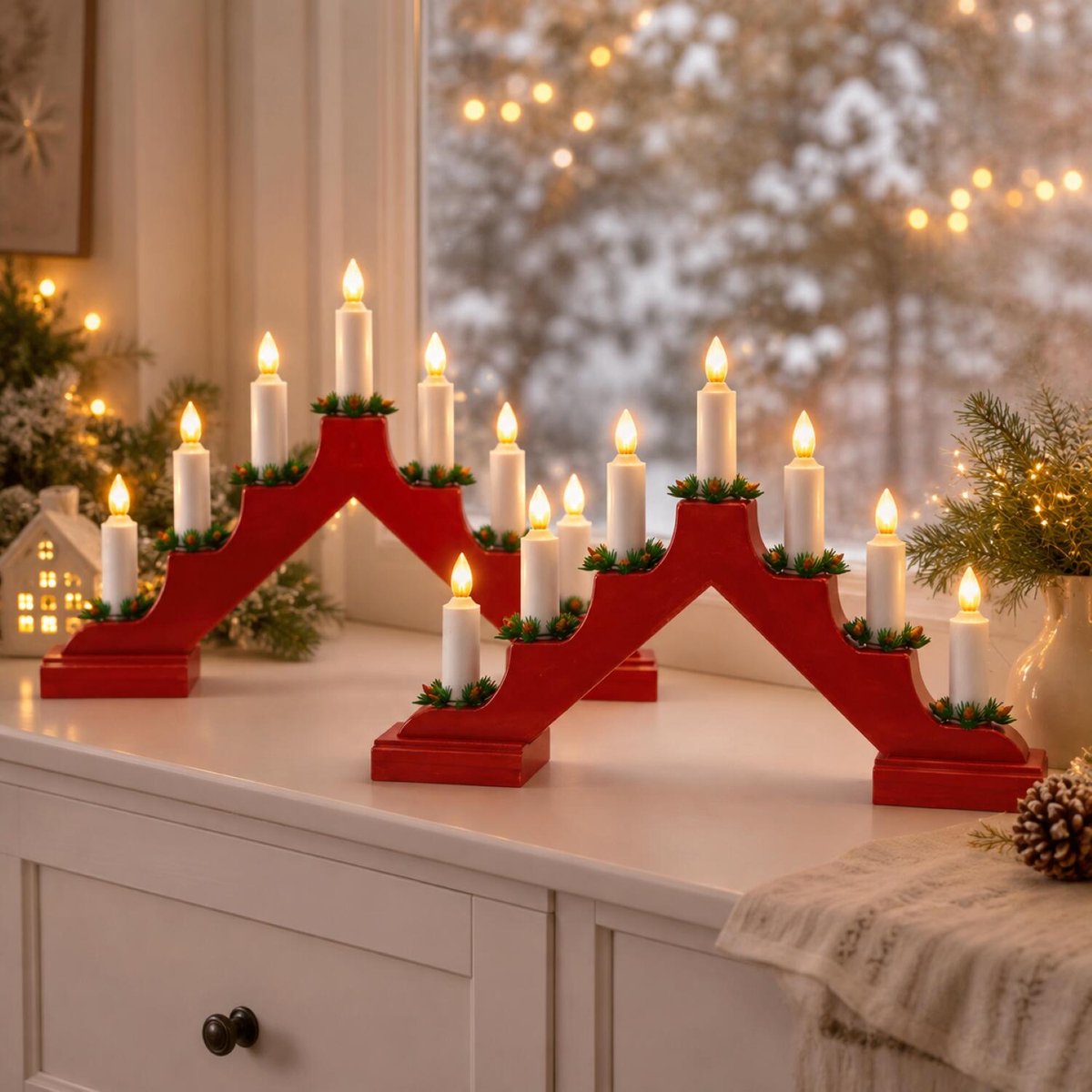 Anna's Collection Kaarsenbrug verlichting - 2x - rood - 7 led kaarsen - warm wit - 37 cm - batterij