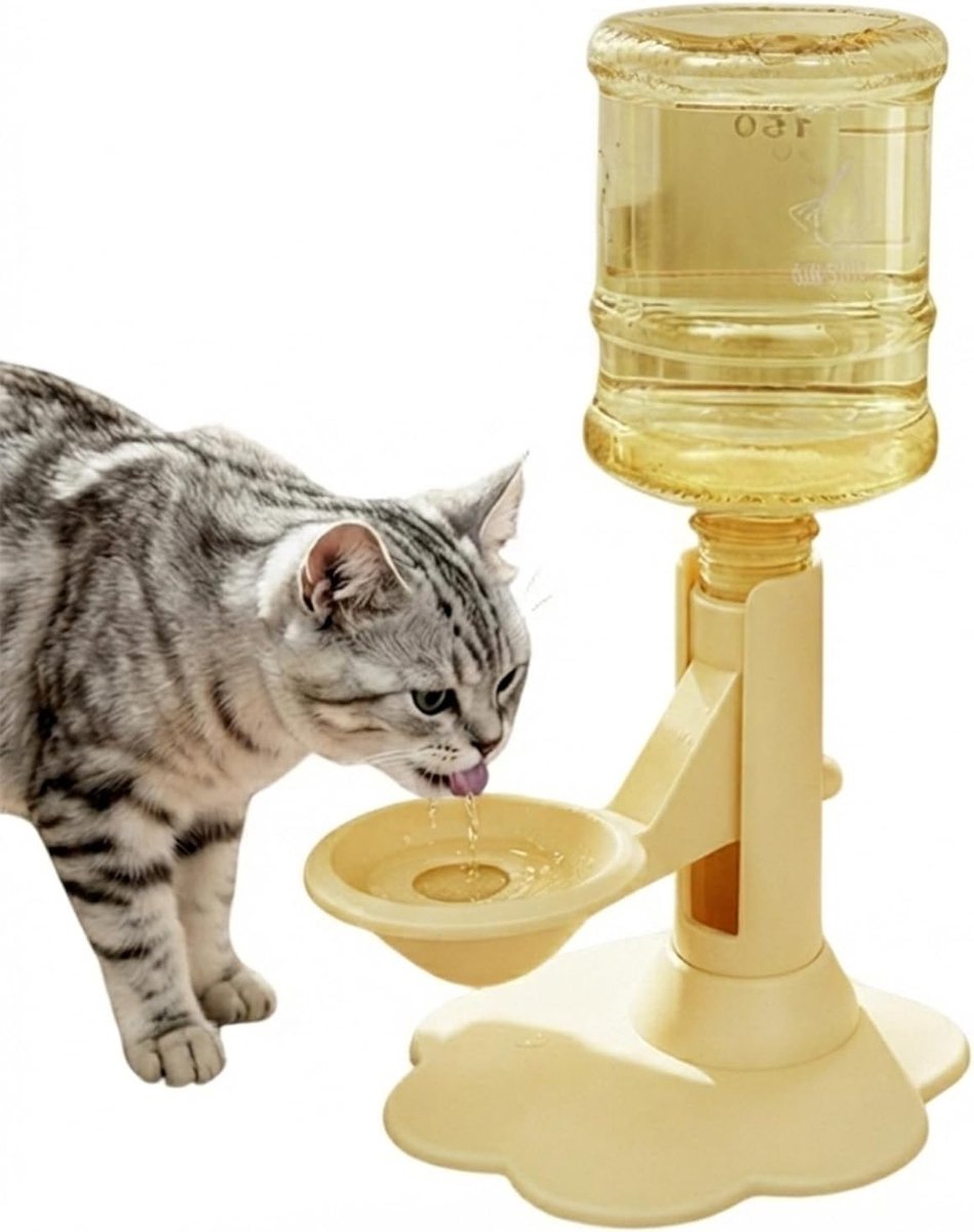 Standaard voor drinkbak voor katten – In hoogte verstelbare standaard met morsbestendige drinkbak; met automatische watervoorziening; afneembaar en eenvoudig te reinigen; geschikt voor binnen en buiten (geel; inclusief voet en waterfles)