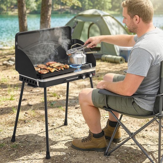 Draagbare gasgrill - 2 branders - 7 kW - 2 - in - 1 tafelgrill met braadfunctie - inklapbare poten - grillrooster - windscherm - deksel en vergrendelingsmechanisme. — afbeelding 4