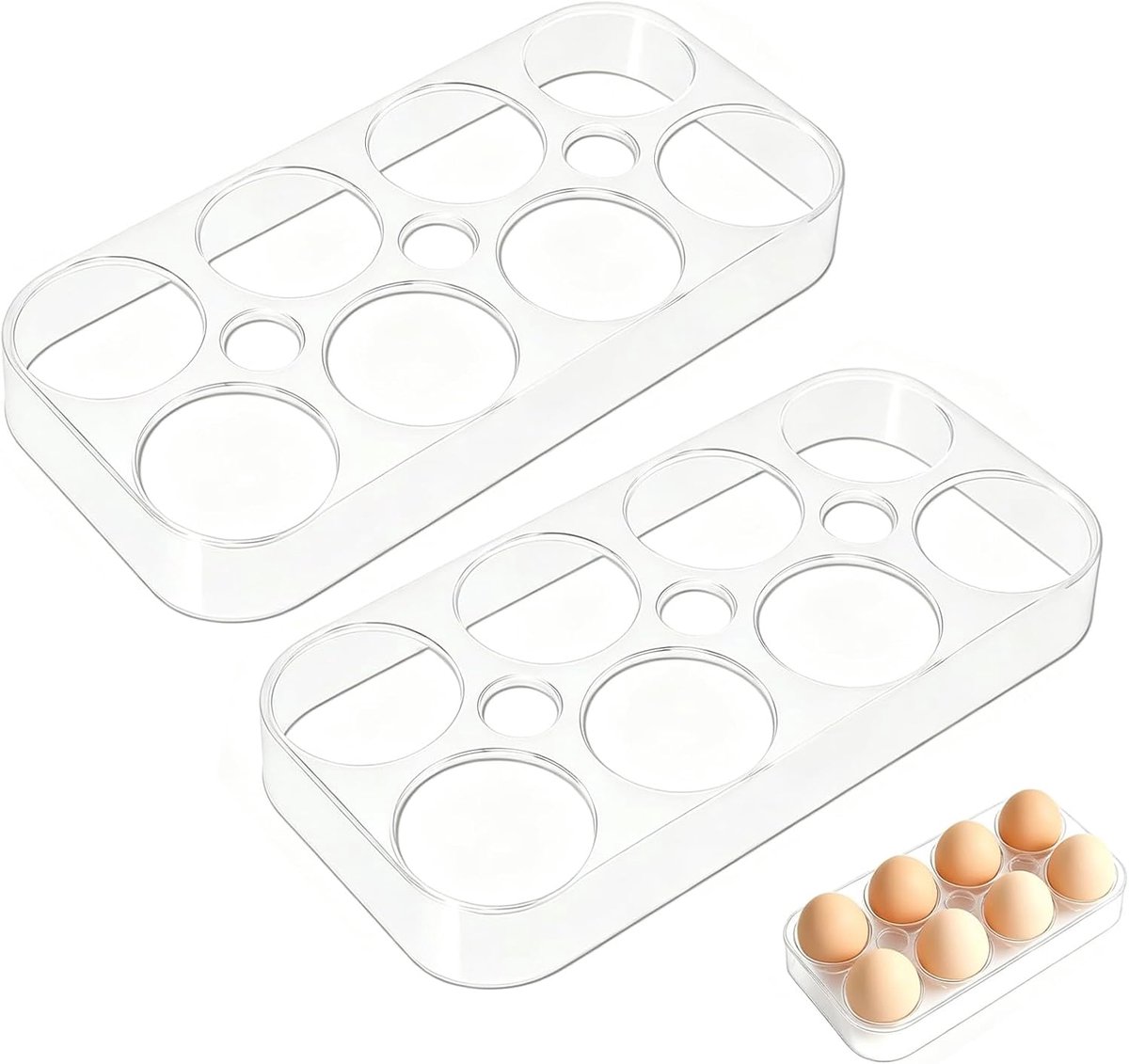 Eierdopjes voor koelkast, kunststof, transparant, eieropslag, universele eierhouder, voor koelkast, ruimtebesparend, 2 stuks