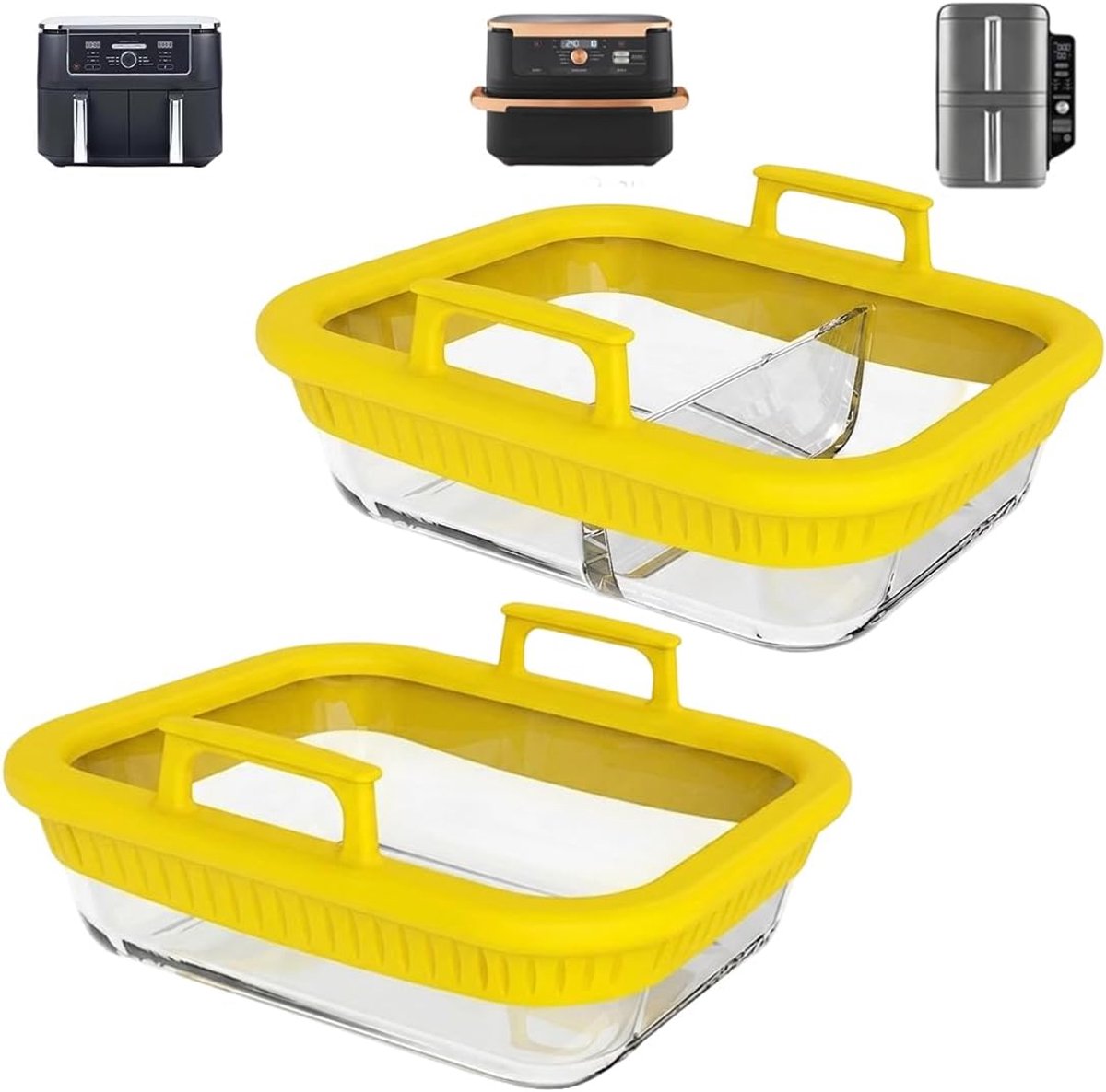 2 stuks ovenvormen Airfryer voor Ninja heteluchtfriteuse AF400EU/DZ400EU/AF500EU/COSORI heteluchtfriteuse 2 kamers, glazen ovenschaal voor airfryer met siliconen handgrepen, BPA-vrij