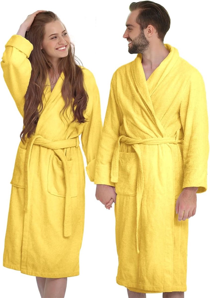 Badjas voor volwassenen, van badstof, super absorberend, 100% katoen, hoogwaardige, ultrazachte badjas met capuchon, uniseks, voor heren en dames, maat L, geel