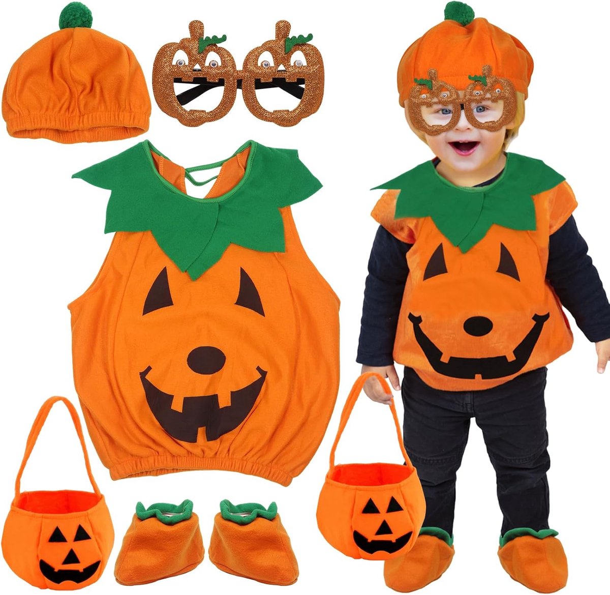 Kinderen, Halloweenkostuum kinderen met pompoen snoepzakje, Halloween pompoenkostuum kind met 20 tattoos stickers, carnavalskostuums cosplay Halloween en carnaval