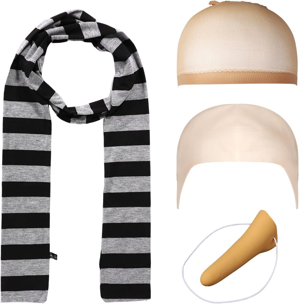 4st Gru Halloween-Kostuum, Premium Polyesterstof Gestreepte Sjaal en Nep Lange Neus Van Latex en Kale Hoed Van Latex en 2st Nylon Haarnetjes Halloween Gru-Kostuumaccessoires voor Mannen