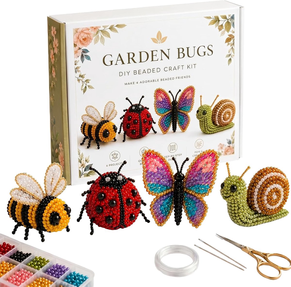 Knutselset 3D kralen dier, set met 3D-kralen, schattige dieren met kralen, ideaal voor beginners en doe-het-zelvers (4 soorten tuininsecten)