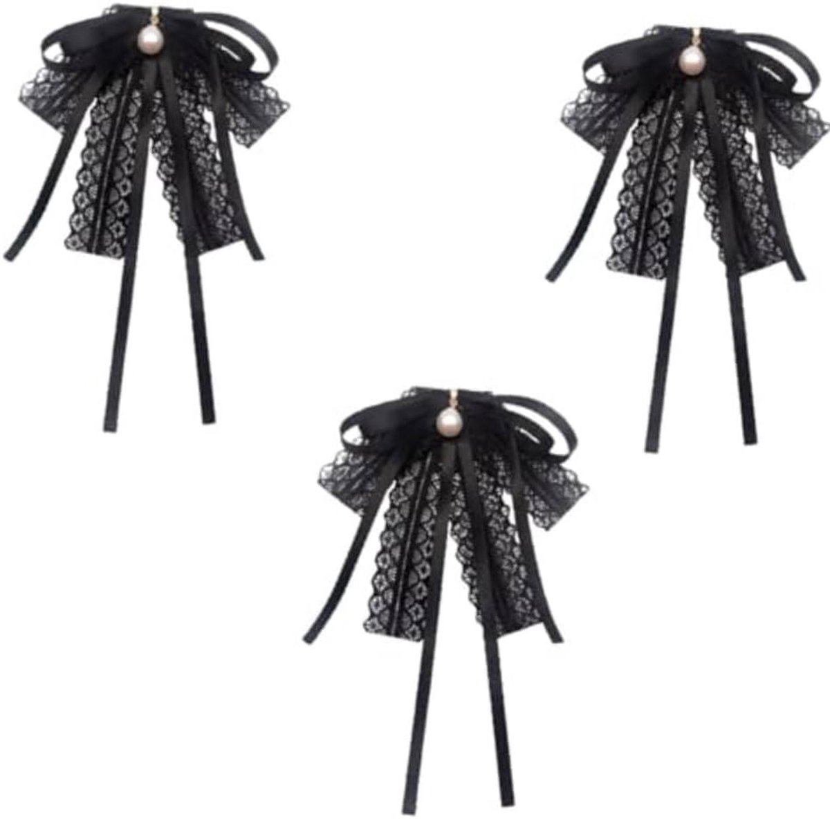 3PCS Dames Verstelbare Voorgebonden Vlinderdas Broche, Vintage Strik Broche, Strikbroche met Strass Vlinderdas met Broche Parel Boog, Zwart, Eén maat