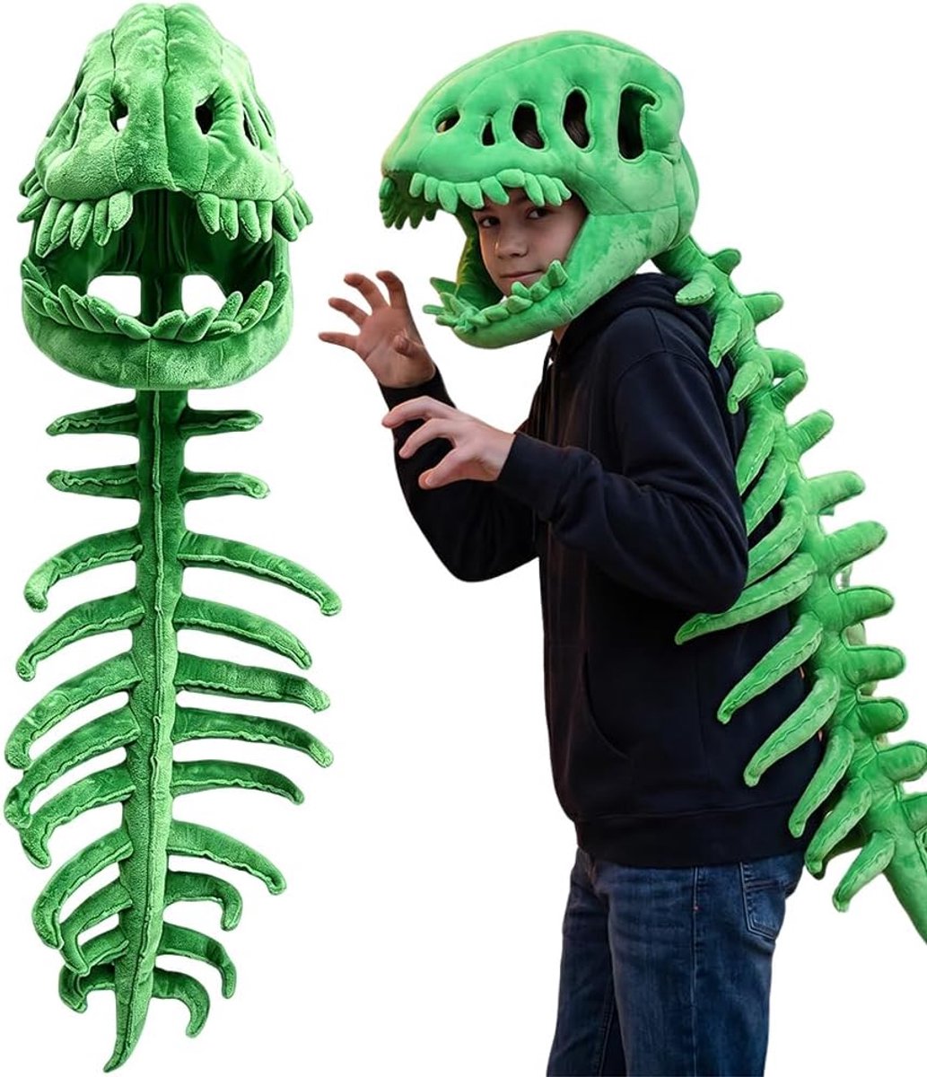 Dinosauruskostuum van pluche, 3D-skelet, groen