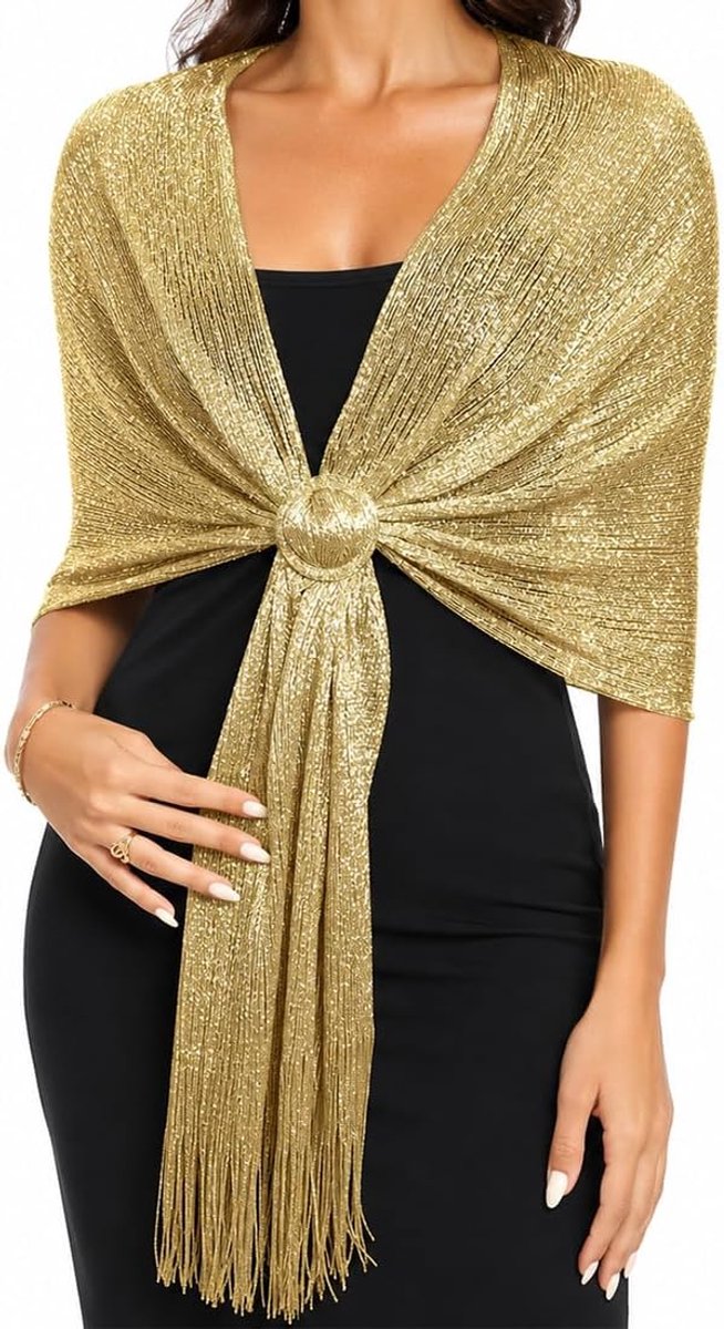 Sjaal in glanzend metallic goud met gesp, ideaal voor avondjurken, bruiloften, feesten en bruidsmeisjes.