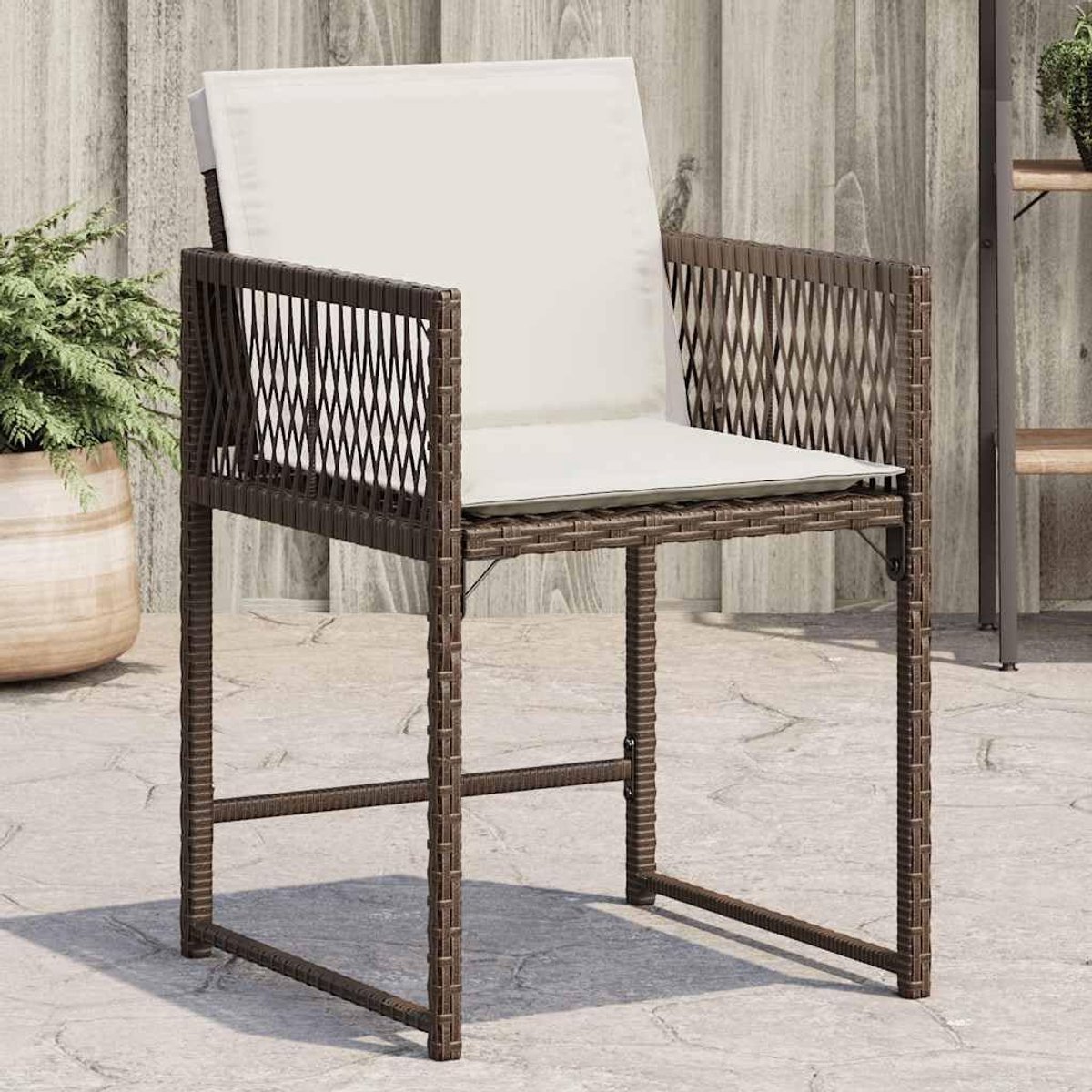 Set van 4 tuinstoelen met kussens, bruin polyrotan, inklapbare rugleuning, afneembare en wasbare overtrekken, robuust gepoedercoat stalen frame, comfortabele meubels