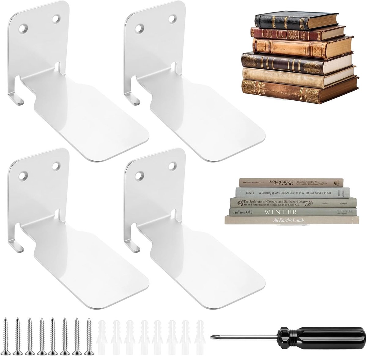 Zwevende wandplanken, boekenrek, wandrek, onzichtbare metalen plank voor slaapkamer, keuken en kantoor, met schroeven (wit)
