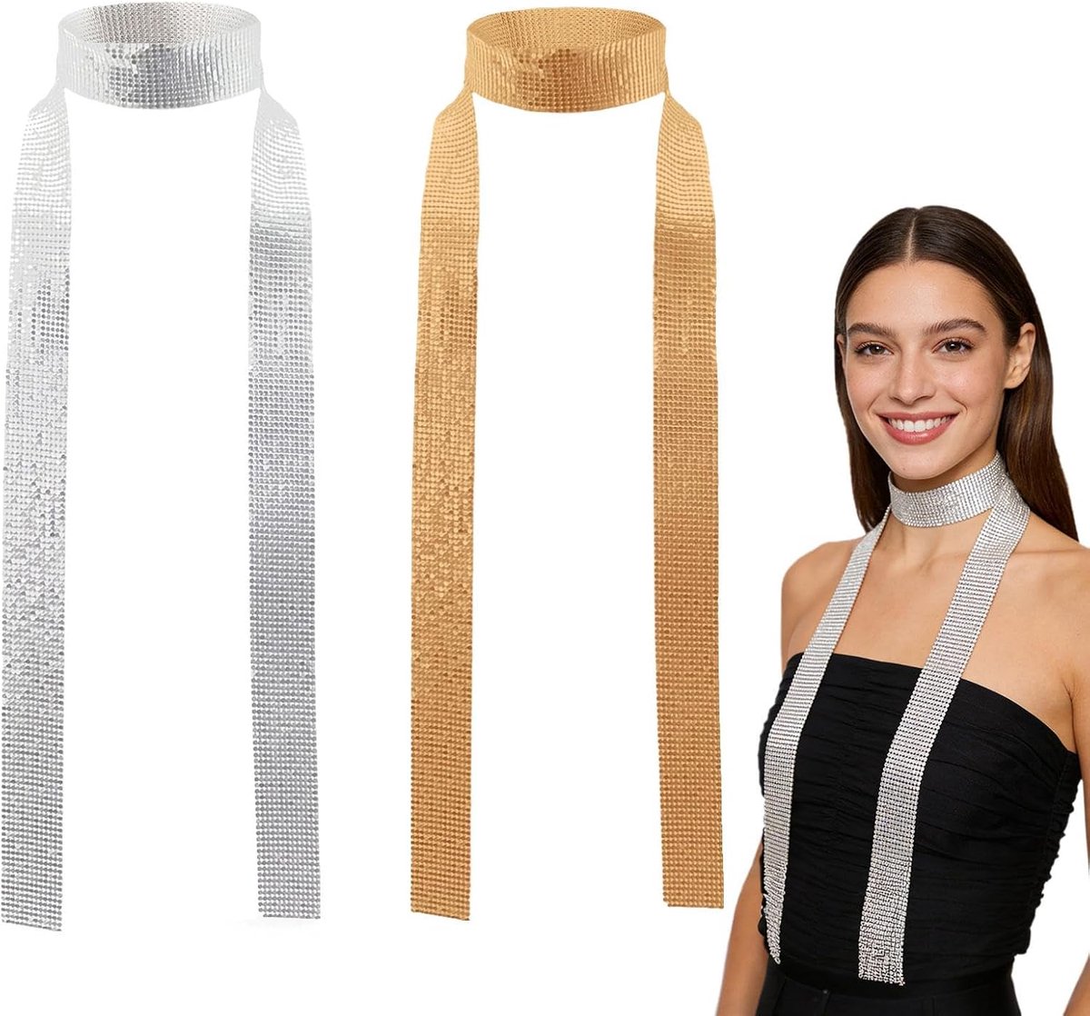 2-pack pailletten sjaal stropdas voor dames meisjes, Disco Abba Cosplay Party Festival Fancy Dress Sparkle Sjaal Glitter Lange Halsdoek Metalen Stropdas Kostuumaccessoires
