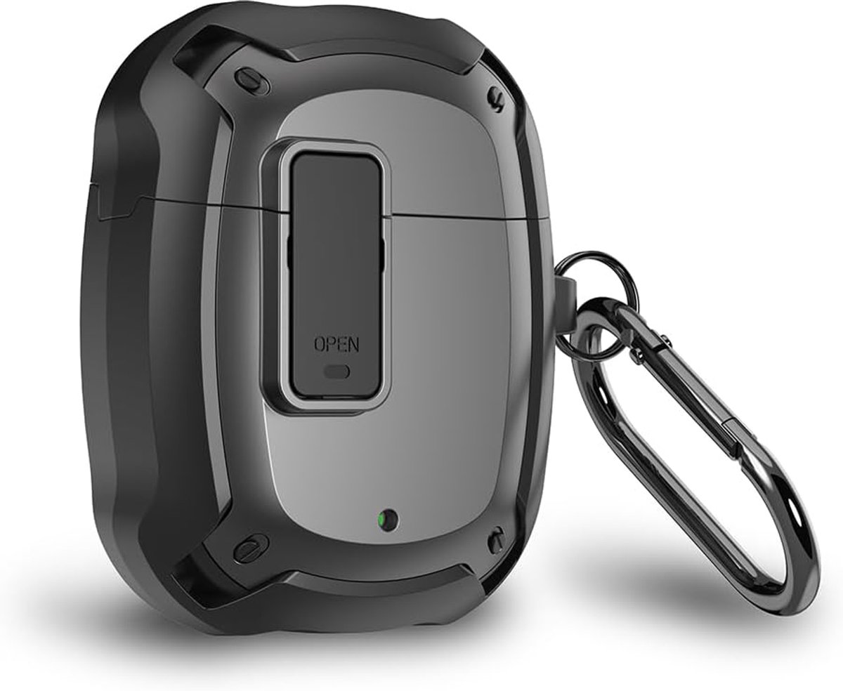 Hoesje voor Google Pixel Buds 2 - dubbellaagse bescherming met harde pc en zachte siliconen aan de buitenkant, schokbestendig, veilig slot, metalen haak, led-zichtbaarheid - zwart