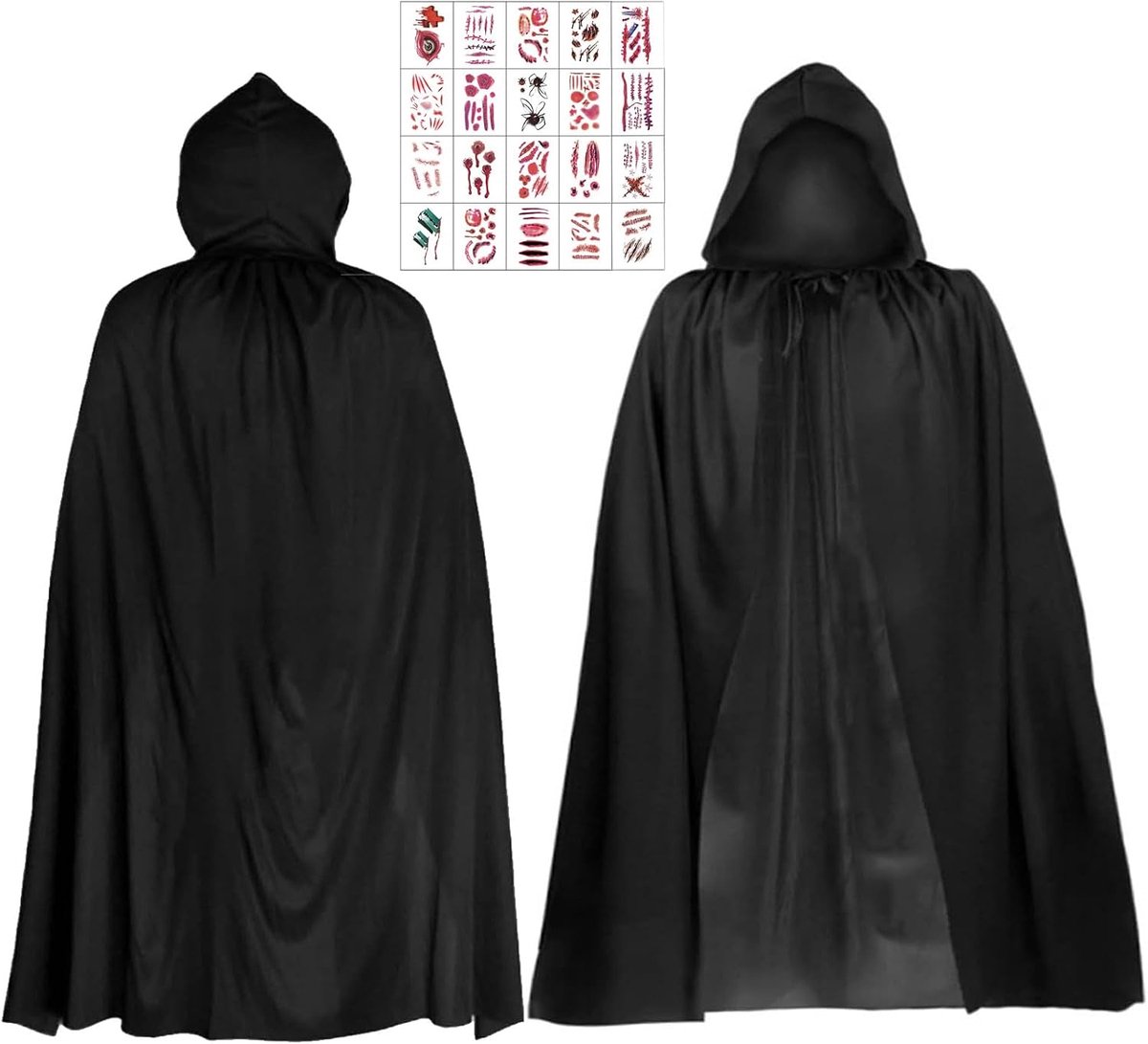 Kostuumset, Halloween-cape, zwarte cape met capuchon, kostuum Magere man met 20 Halloween symporaire tatoeages, vampierkostuum voor Halloween, party, cosplay, leeftijd 4-12 jaar