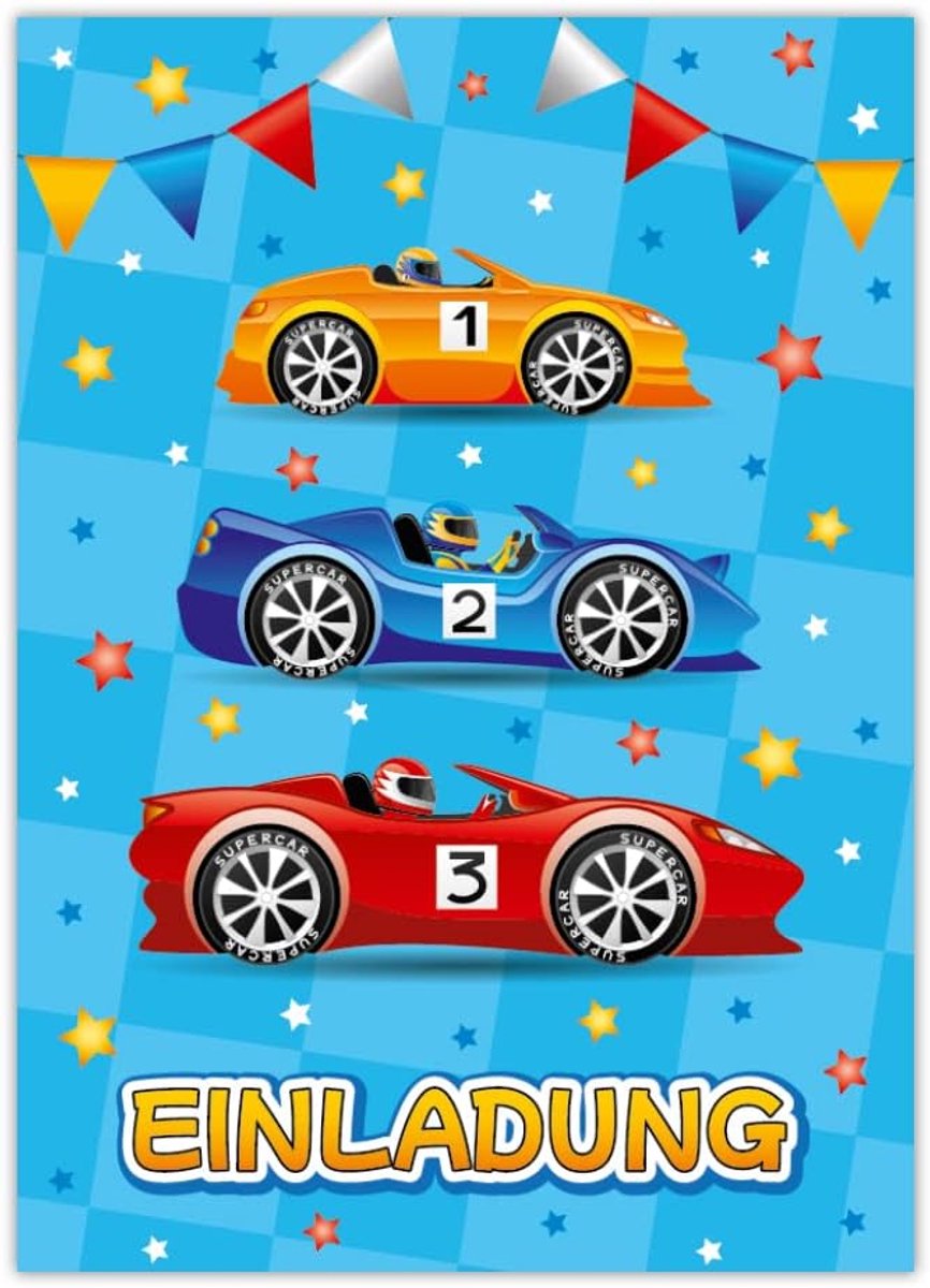 Uitnodigingskaarten voor kinderverjaardag, jongens, raceauto, verjaardagsuitnodigingen, 12 stuks