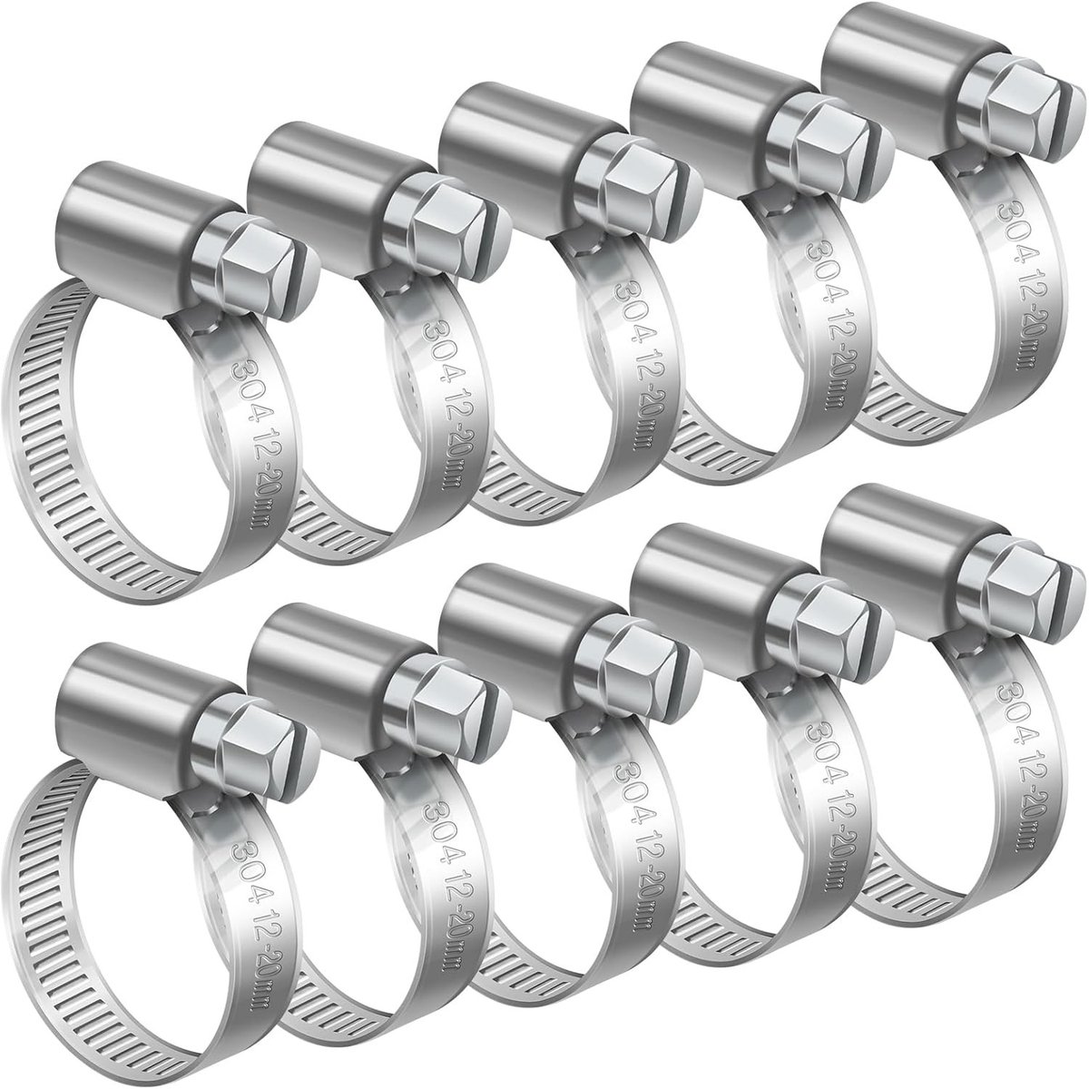 Verstelbare Slangklemmen 12-20 mm, Set van 10, RVS 304, Voor Brandstofslangen, Dieselbuizen en Waterleidingen