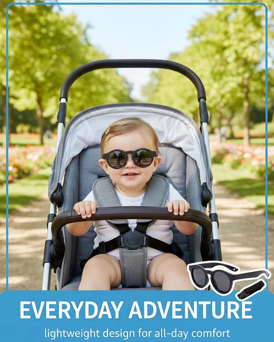 Zonnebril voor baby's, 0-36 maanden, gepolariseerd, met verstelbare riem, siliconen frame, rond, voor kinderen, UV400-bescherming, babyzonnebril, 0 tot 3 jaar, voor jongens en meisjes (zwart) — afbeelding 5