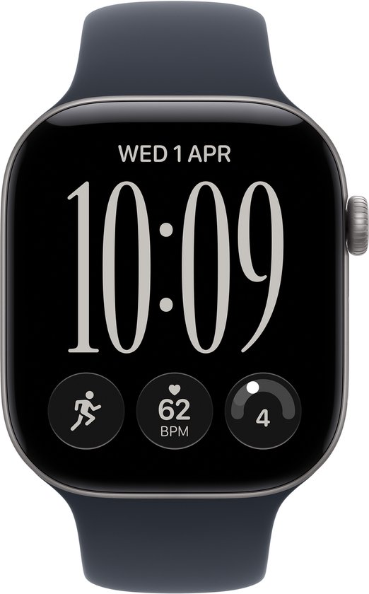Smartwatch met donkerblauwe band en donkergrijze kast. Het scherm toont 'WED 1 APR 10:09', een hardloopicoon, 62 BPM en '4'.