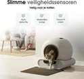 Automatische kattenbak in een woonkamer setting. Een kat stapt eruit, begeleid door drie iconen: auto detectie, makkelijke instap, gewicht inzien.