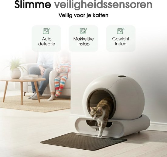 Automatische kattenbak in een woonkamer setting. Een kat stapt eruit, begeleid door drie iconen: auto detectie, makkelijke instap, gewicht inzien.