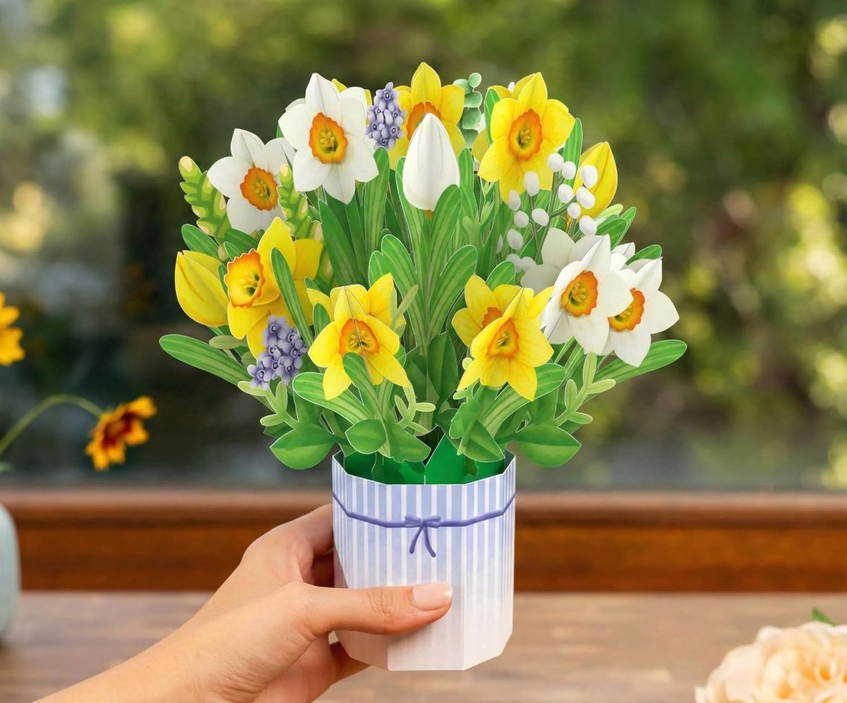 Papercrush Pop-up boeket met paasklokken, 3D-paaskaart, wenskaart voor verjaardag, als cadeau voor vrouwen, herstelkaart, moedermaker en goede verbetering, bedankje met narcissen