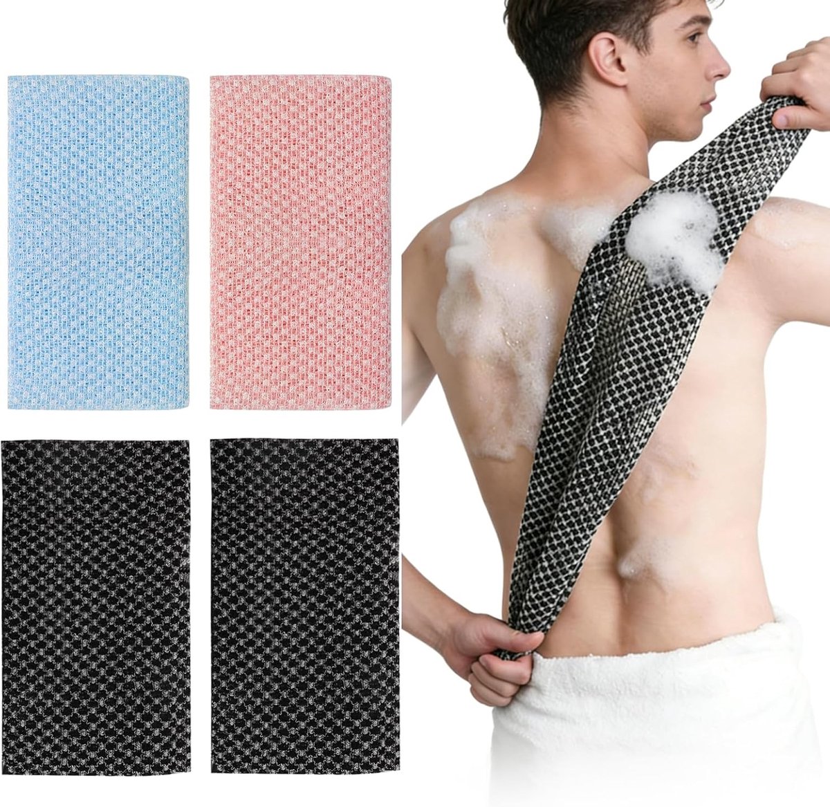 Set van 4 Japanse peelinghanddoeken, extra lange peeling-washandjes voor de douche, antibacteriële washandjes voor de dieptereiniging van dode huid