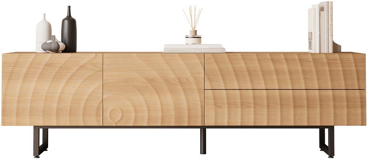 tv meubel voor woonkamer met 3D-golfdeuren - Scandinavische stijl - 180 cm breed - Naturel hout en zwarte poten - 2 deuren, 2 lades - Greepvrij design - Kabeldoorvoer - Geschikt voor 70 inch