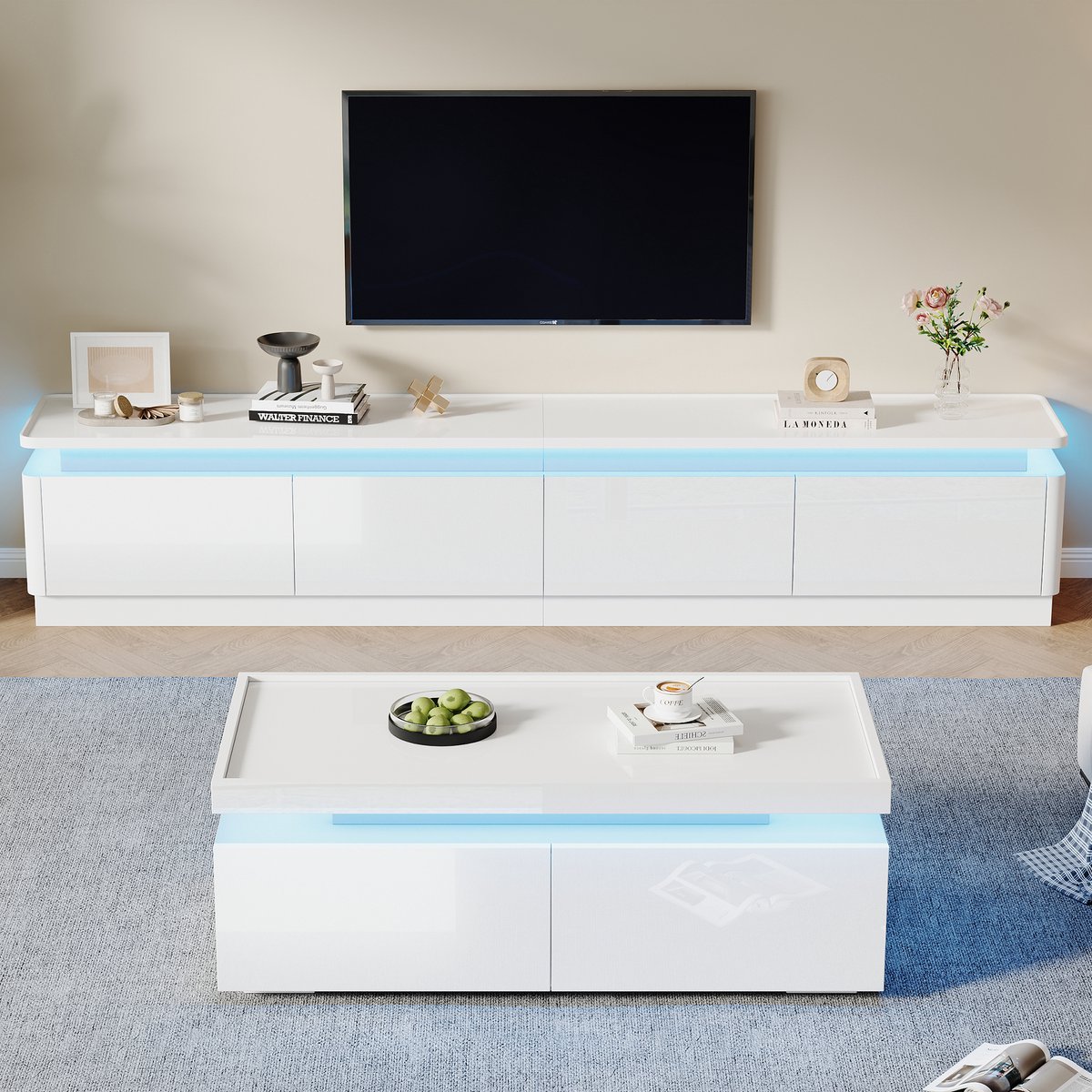 tv meubel en salontafel set Wit Hoogglans 180 cm - LED-verlichting en 4 lades - Geschikt voor 75 inch tv - Veilig afgerond design - Strakke minimalistische look