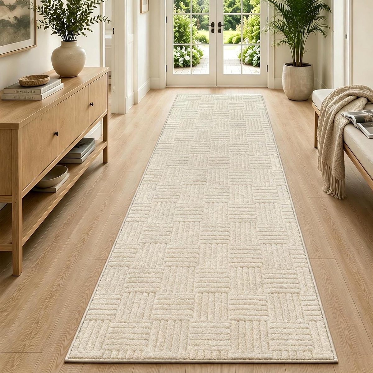Tapijtloper, voor de gang, 80 x 300 cm, wasbaar, antislip, laagpolig, keukenloper, 3D-effect, wollig, zacht, crème, modern vloerkleed voor keuken, woonkamer, slaapkamer, hal, entree