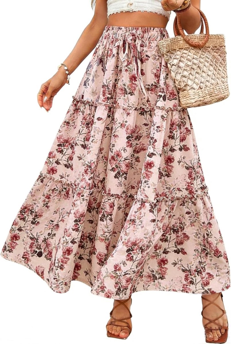 rok voor dames, zomer, bohemien, maxi-rok, hoge taille, elegant, vintage, elastisch, casual, strand, rok, bohemien, vakantie, zomerbloemenrok