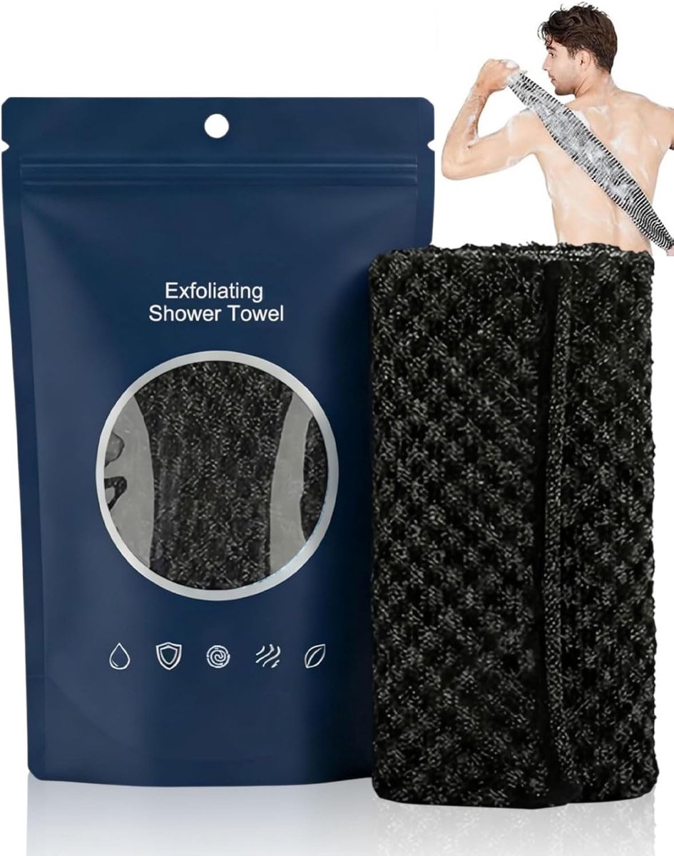 1 stuk Peeling-handdoek, Peeling-douche, extra lange peeling-waskleppen, Peeling-lichaamsschrubber voor mannen en vrouwen, Reiniging und Spa (zwart)