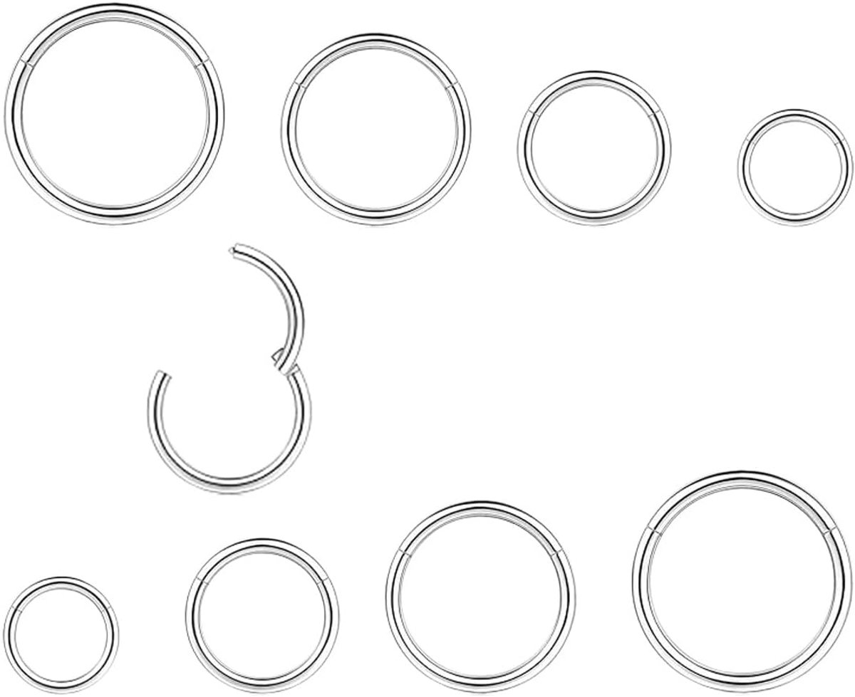 8 stuks, dunne septum-ring van roestvrij staal, 1,2 x 6/8/10/12 mm, ideaal voor neusvleugels en septum, hypoallergeen, zilver